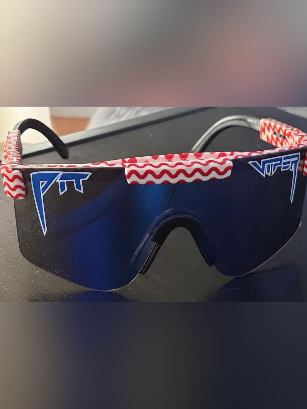 Pit Viper Kids Sunglasses — Blue Lens with Red and White Wave Frame